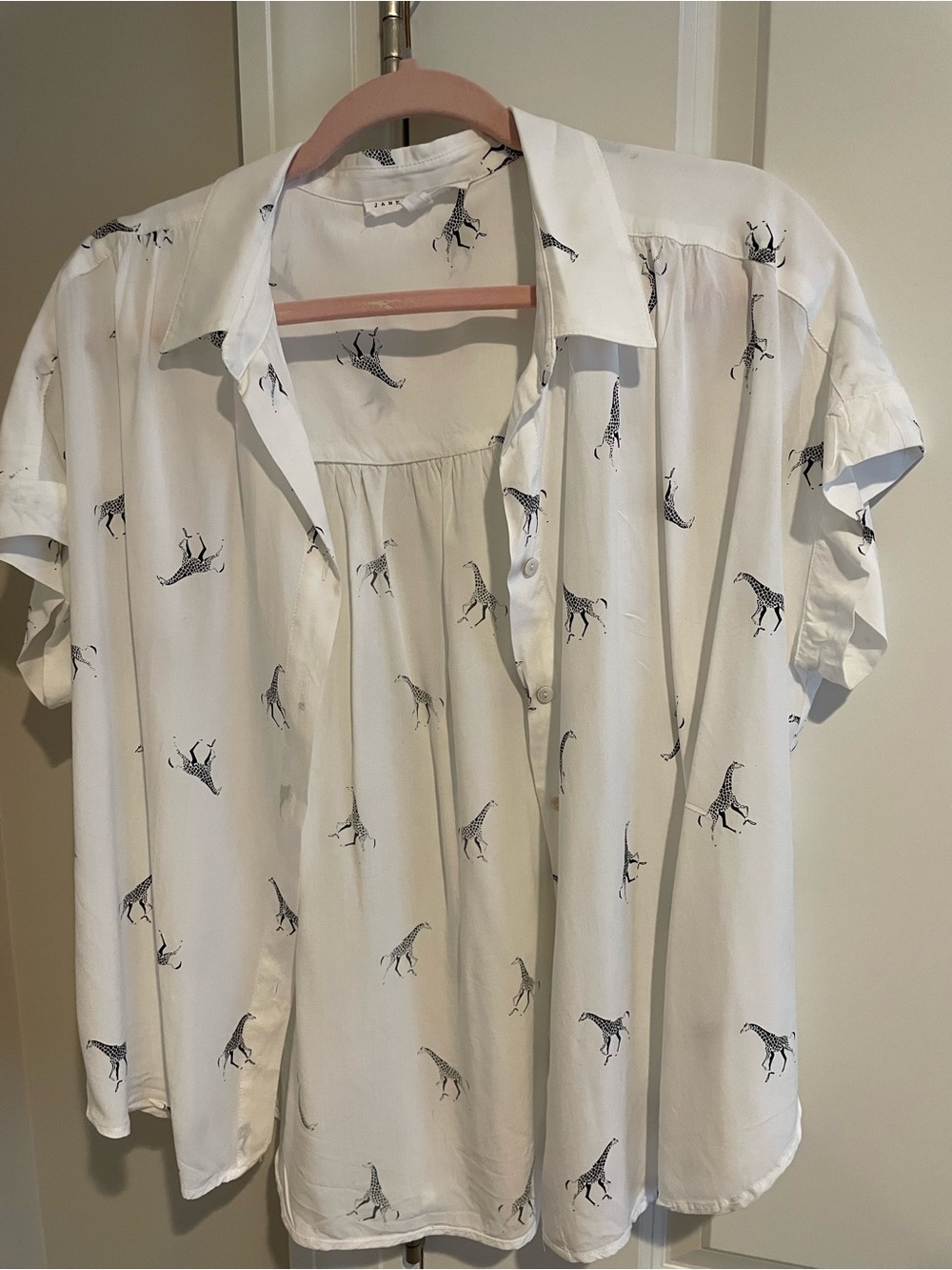 Jane and Delancey White Short-Sleeve Button-Down Shirt with Navy Giraffe Print